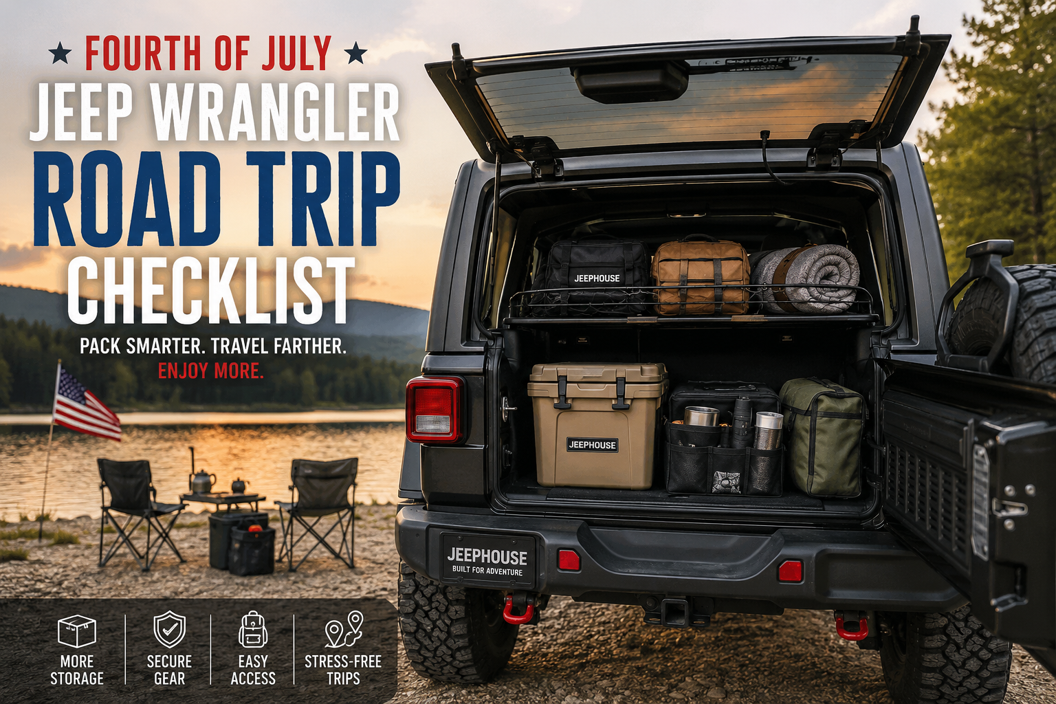 eep Wrangler cargo area organized with a cargo rack and camping gear for a Fourth of July weekend road trip.