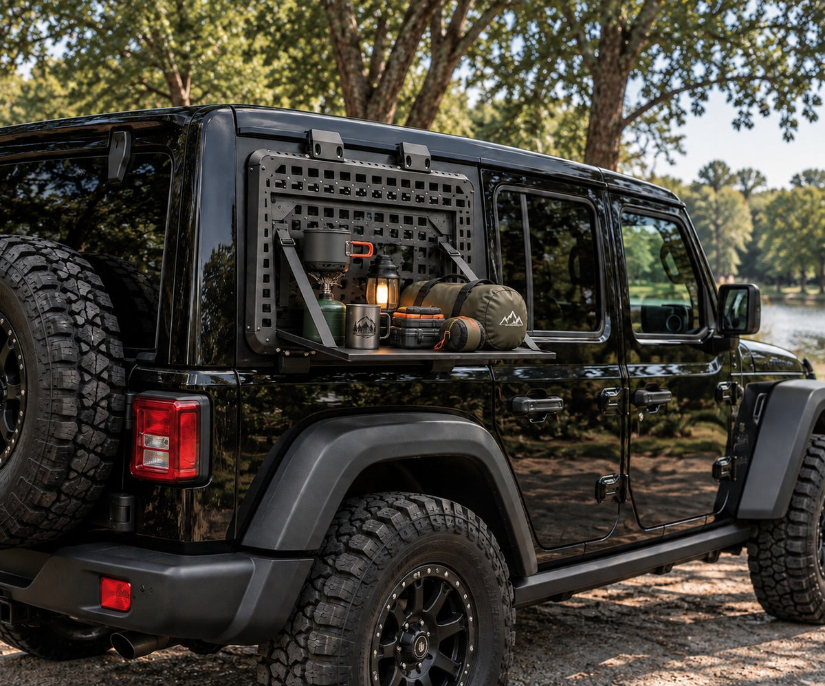 Fold-down worktable on Jeep Wrangler JL rear window MOLLE panel