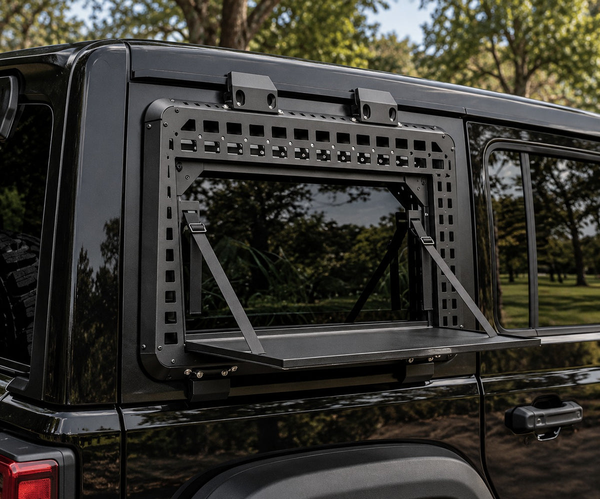 Jeep Wrangler JL interior MOLLE storage panel with fold-down table for camping
