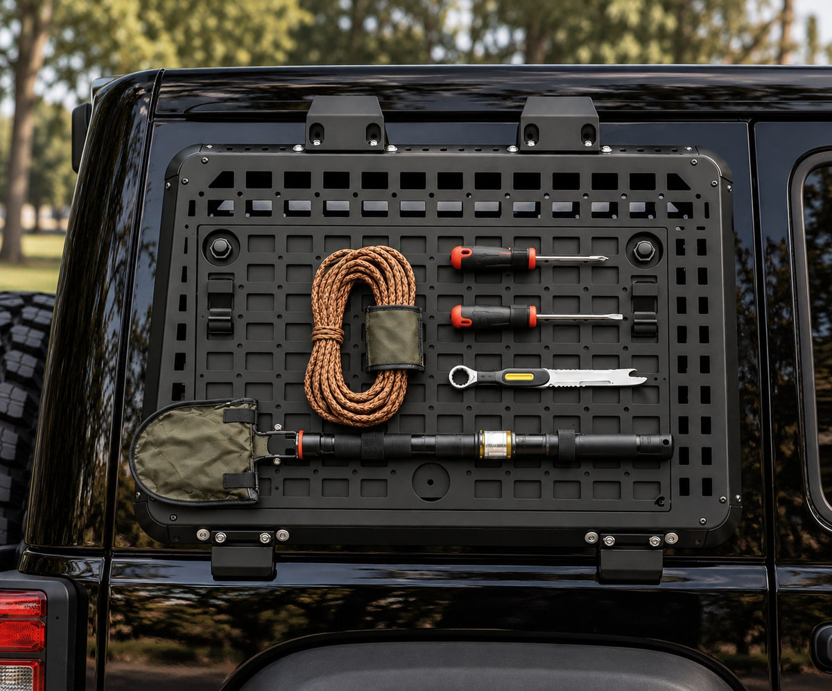 Driver-side MOLLE panel for Jeep Wrangler JL rear window with gear mounted