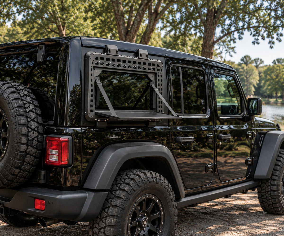 Jeep Wrangler JL 4-Door rear window MOLLE panel with fold-down table, driver side