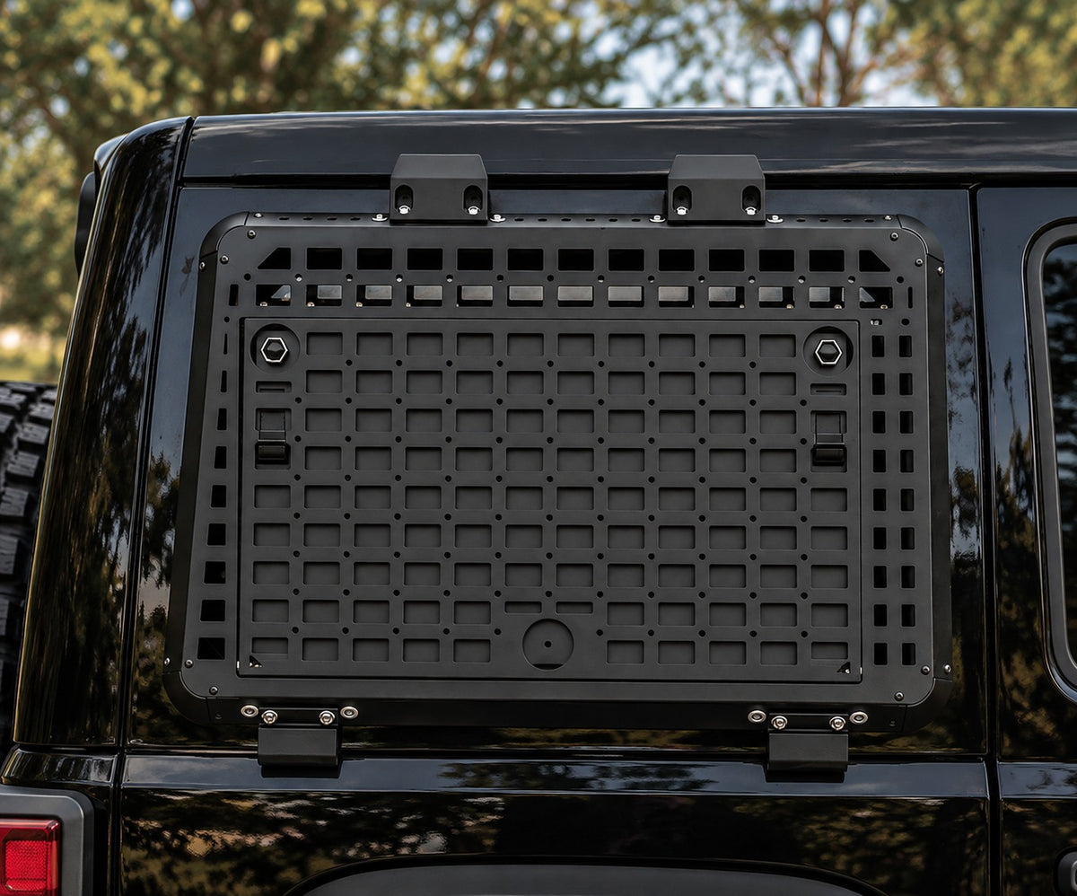 Jeep JL rear window tactical storage panel installed, left side
